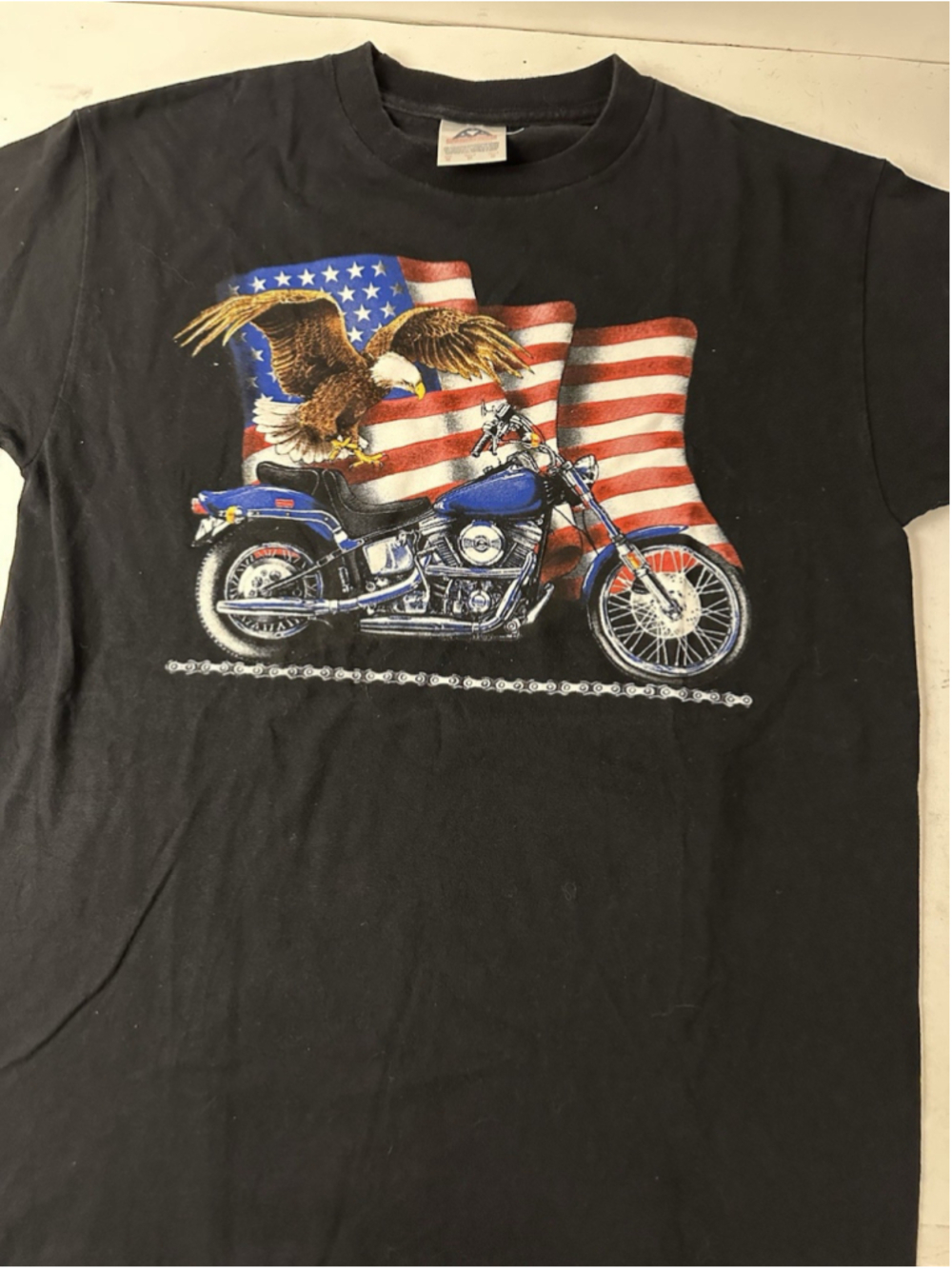 Vintage Biker Motorcycle Eagle American Flag T Shirt Black Alstyle AAA Medium 90
